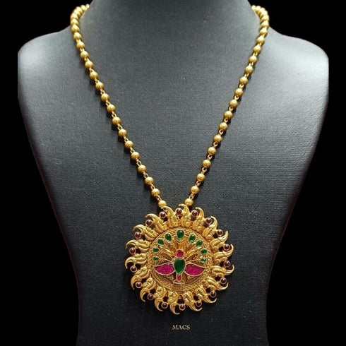 925 Gold Plated Silver Necklace, Ball necklace with kundan peacock pendant